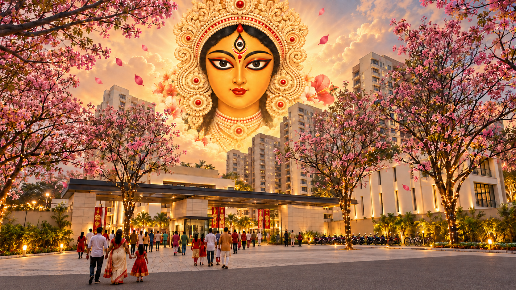 Goddess Durga surrounded by festive flowers and traditional dhak drums
